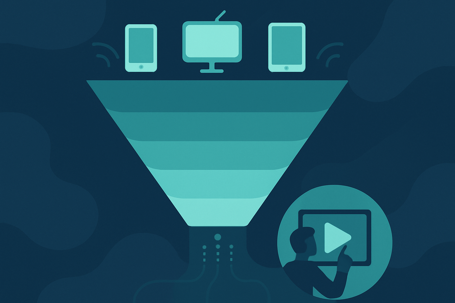 OTT subscriber acquisition funnel narrowing from multiple devices down to one engaged viewer